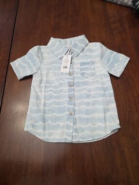 Miki Miette Short Sleeve 100% Cotton  Blue White Wave Chambray 12 Month Baby NWT